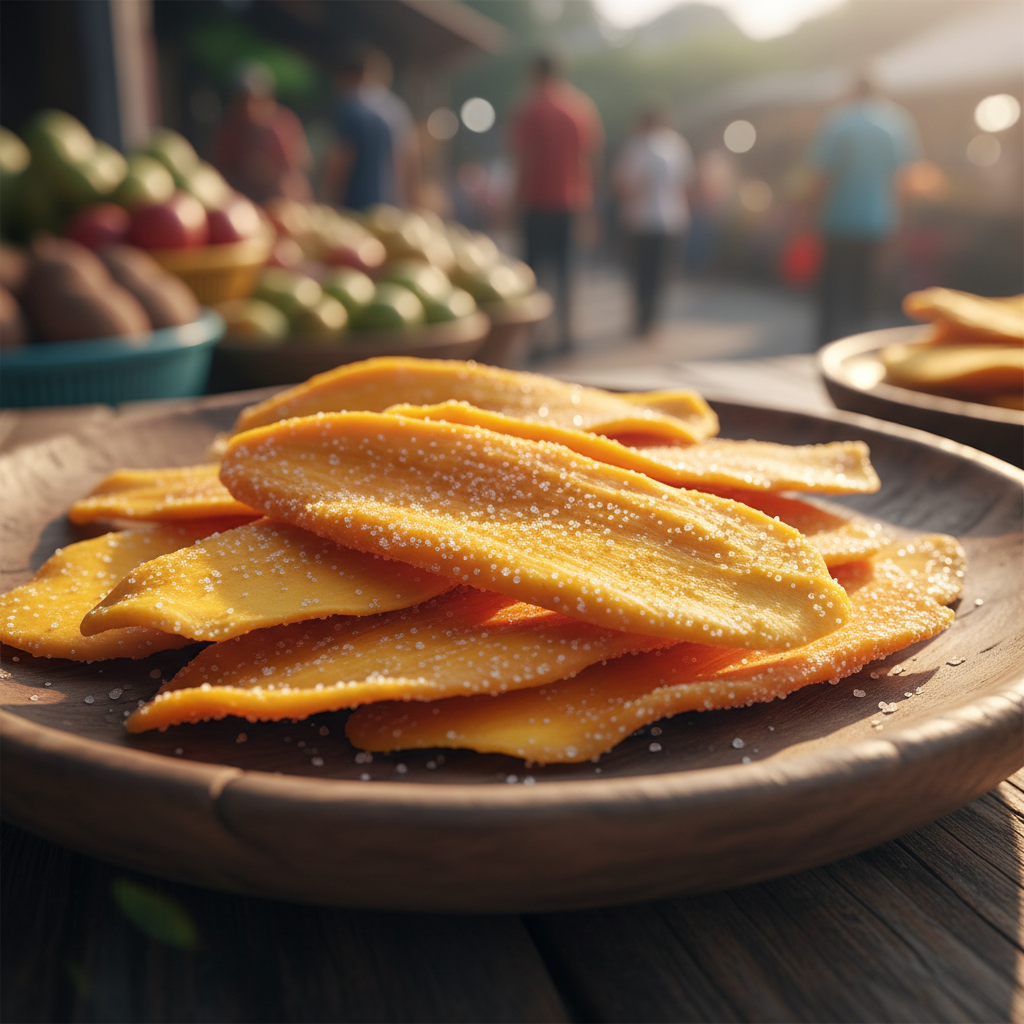 A wooden bowl filled with slices of dried mango sprinkled with sugar sits on a table at an outdoor market.