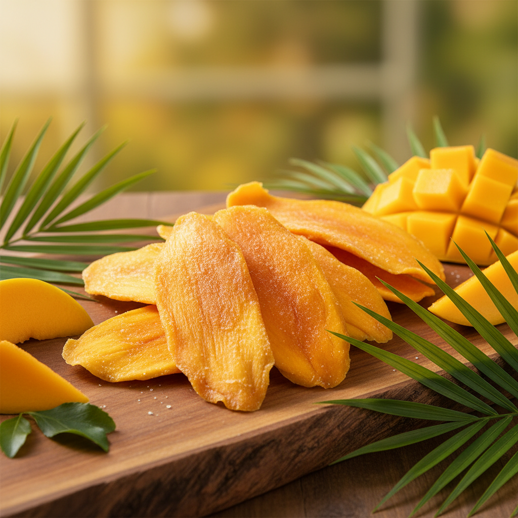 Dried mango slices are arranged on a wooden board alongside fresh mango pieces and green palm leaves.